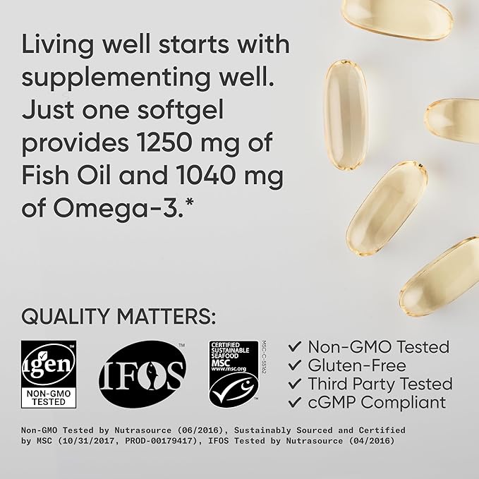 Sports Research Triple Strength Omega-3 Fish Oil 1250mg – Burpless EPA & DHA from Wild Alaskan Pollock – Heart, Brain & Joint Support – MSC Certified, Non-GMO – 90 Softgels