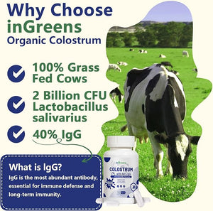 InGreens Organic Bovine Colostrum 1500mg – 40% IgG Grass-Fed Immune & Gut Health Support – Unflavored, Non-GMO, Gluten-Free – 120 Capsules – Made in USA