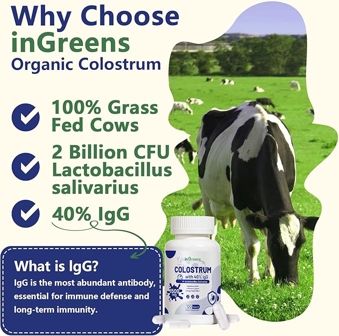 InGreens Organic Bovine Colostrum 1500mg – 40% IgG Grass-Fed Immune & Gut Health Support – Unflavored, Non-GMO, Gluten-Free – 120 Capsules – Made in USA