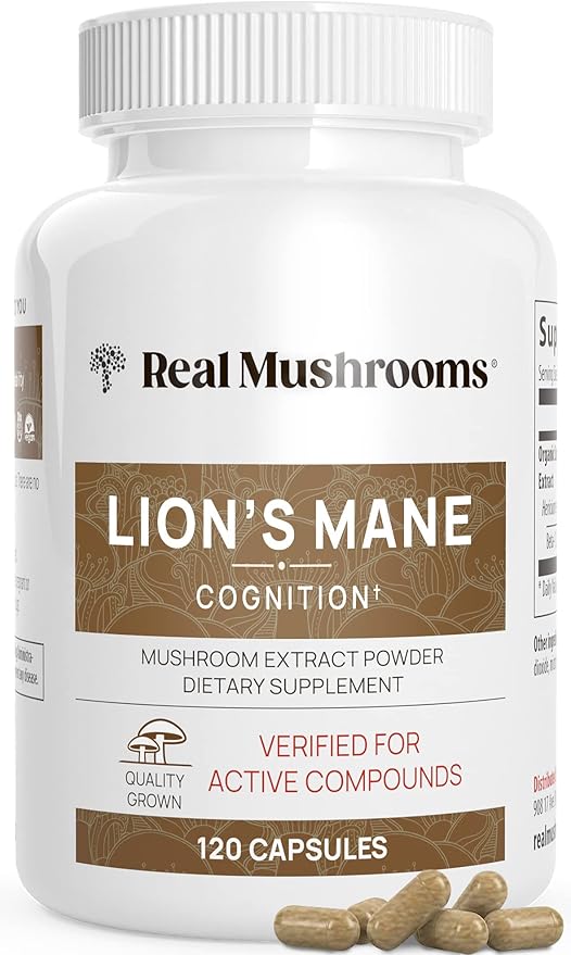 Real Mushrooms Lion’s Mane – Brain, Memory & Immune Support – Verified Beta Glucans – 120 Vegan Capsules