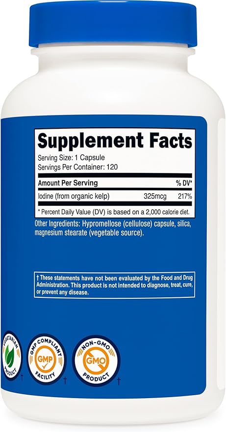 Nutricost Iodine 325mcg from Organic Sea Kelp – Natural Thyroid Support – 120 Vegetarian Capsules