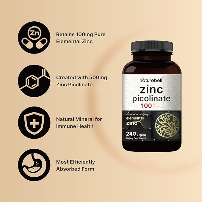 High Potency Zinc Picolinate 100mg – Immune, Skin & Antioxidant Support – 240 Capsules – Non-GMO, Gluten Free