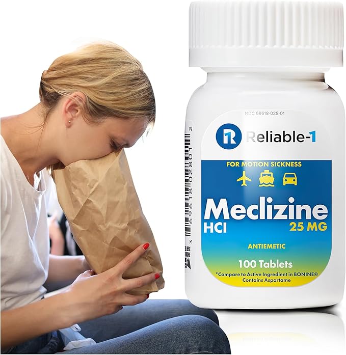 Reliable-1 Laboratories Meclizine HCL 25mg – Motion Sickness & Nausea Relief Tablets, Chewable, Raspberry Flavor, Vertigo & Dizziness Aid – 100 Count