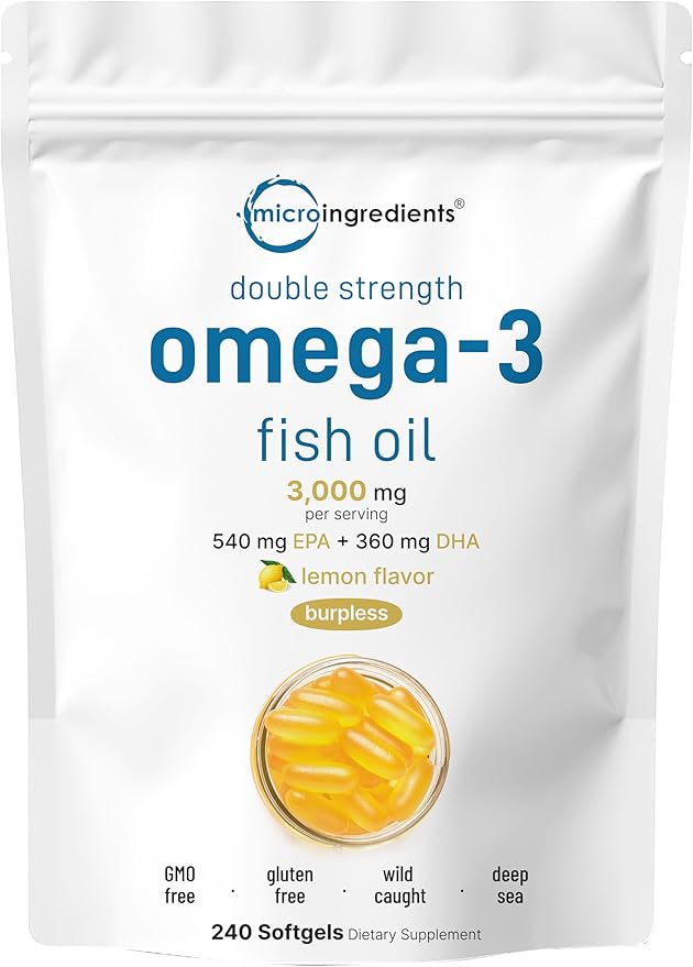 Micro Ingredients Omega-3 Fish Oil 3000mg – High EPA 540mg & DHA 360mg – Lemon Flavored, Burpless – Wild-Caught, Non-GMO – 240 Softgels