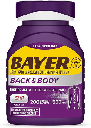 Bayer Extra Strength Aspirin 500mg with Caffeine for Fast Back & Body Pain Relief – Dual Action Formula, 200 Coated Caplets
