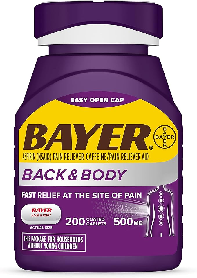 Bayer Extra Strength Aspirin 500mg with Caffeine for Fast Back & Body Pain Relief – Dual Action Formula, 200 Coated Caplets