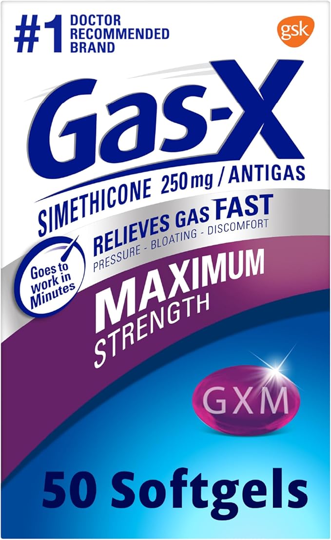 Gas-X Maximum Strength Gas Relief Softgels with 250mg Simethicone – Fast Relief for Bloating, Pressure, and Discomfort – 50 Count Pack