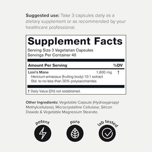Lion’s Mane 10:1 Extract – Ultra High Potency, 30% Polysaccharides – Brain, Memory & Immune Support – 120 Capsules