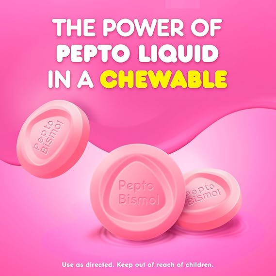 Pepto Bismol Chewable Tablets, 48 Count – Fast 5-Symptom Relief for Nausea, Heartburn, Indigestion & Diarrhea
