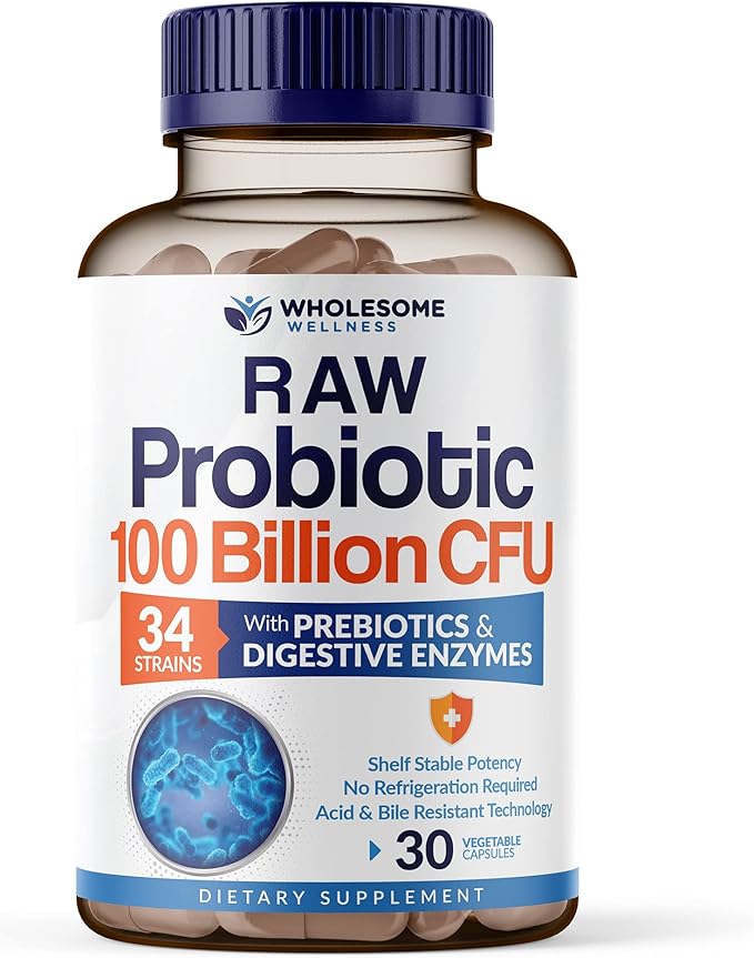 Wholesome Wellness Organic Raw Probiotics 100 Billion CFU – 34 Strains, Prebiotics & Digestive Enzymes – Doctor Formulated for Women & Men – Non-GMO, Gluten-Free – 30 Capsules