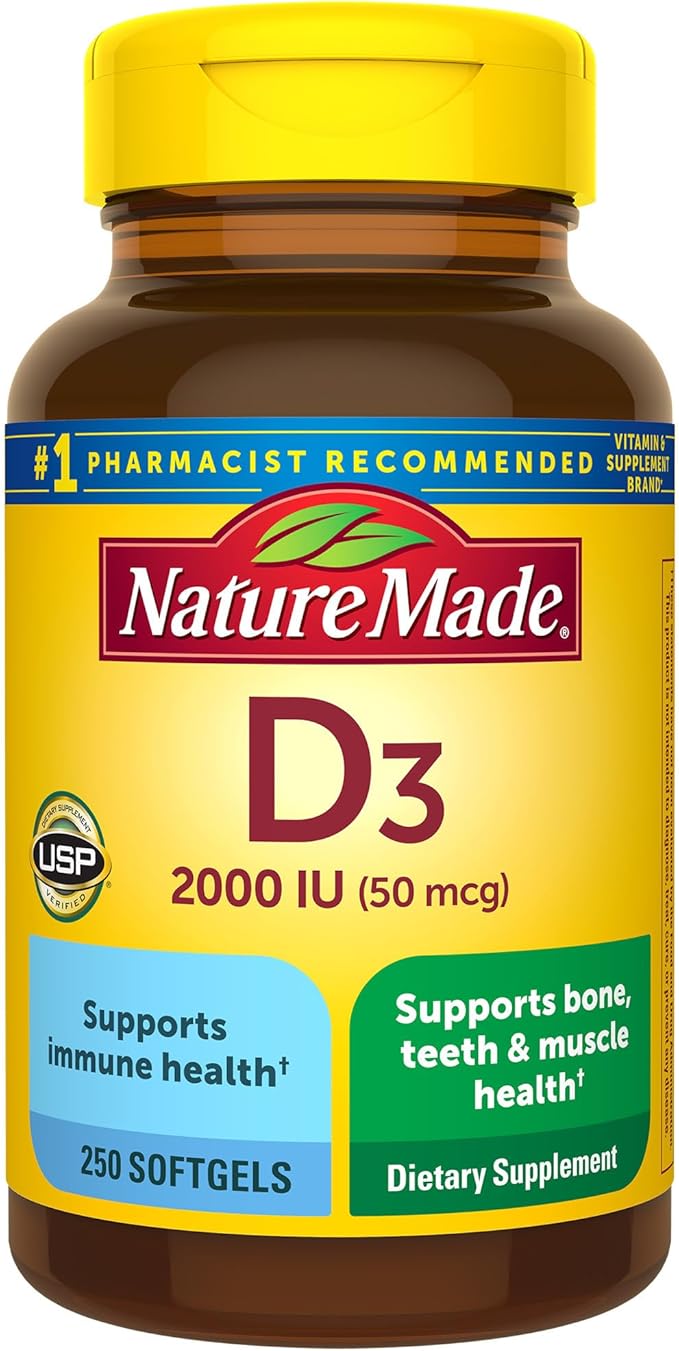 Nature Made Vitamin D3 2000 IU – Bone, Immune & Muscle Support – 250 Softgels – USP Verified