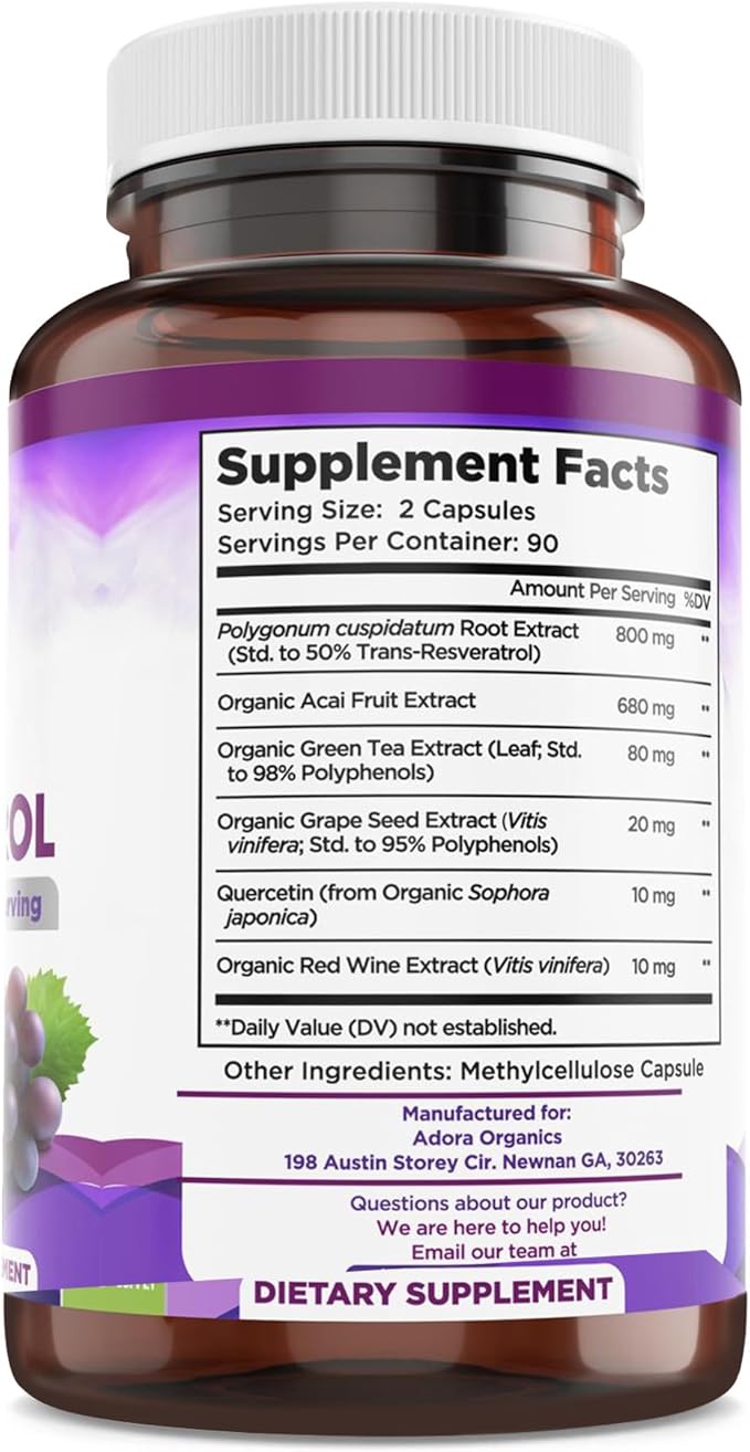 Resveratrol 1600mg – Antioxidant with Quercetin, Green Tea, Grape Seed & Acai – Immune, Heart & Digestive Health Support – Non-GMO, Gluten-Free – 180 Capsules