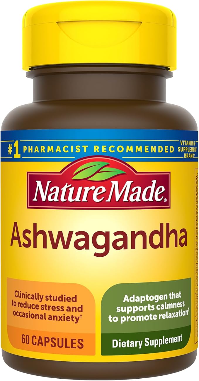 Nature Made Ashwagandha 125mg – Clinically Studied Stress Support – Mood, Energy & Sleep – Gluten-Free, Non-GMO – 60 Capsules (60-Day Supply)