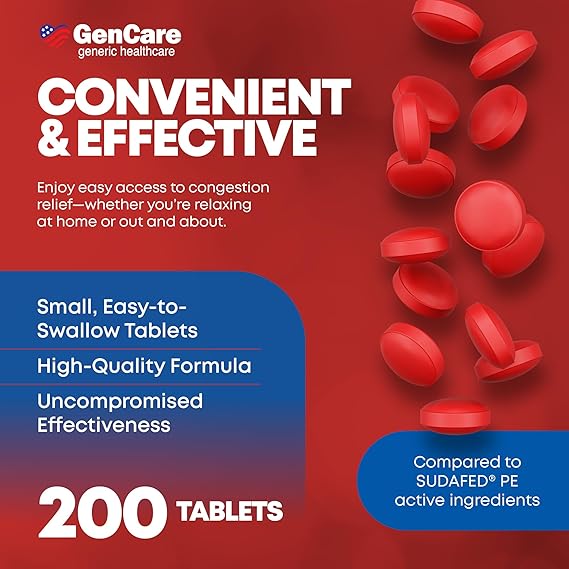 GenCare Nasal Decongestant 10mg – 300 Tablets – Phenylephrine HCl – Non-Drowsy Sinus & Congestion Relief