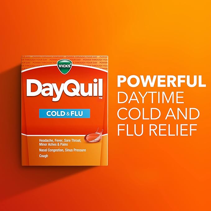 Vicks DayQuil Cold & Flu Relief Liquicaps – Non-Drowsy Daytime Multi-Symptom Medicine for Fever, Cough, Headache, Congestion, 48 Count