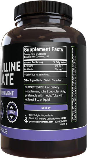 PURE ORIGINAL INGREDIENTS L-Citrulline DL-Malate 2:1 – 365 Capsules, No Magnesium or Rice Fillers, Lab Verified