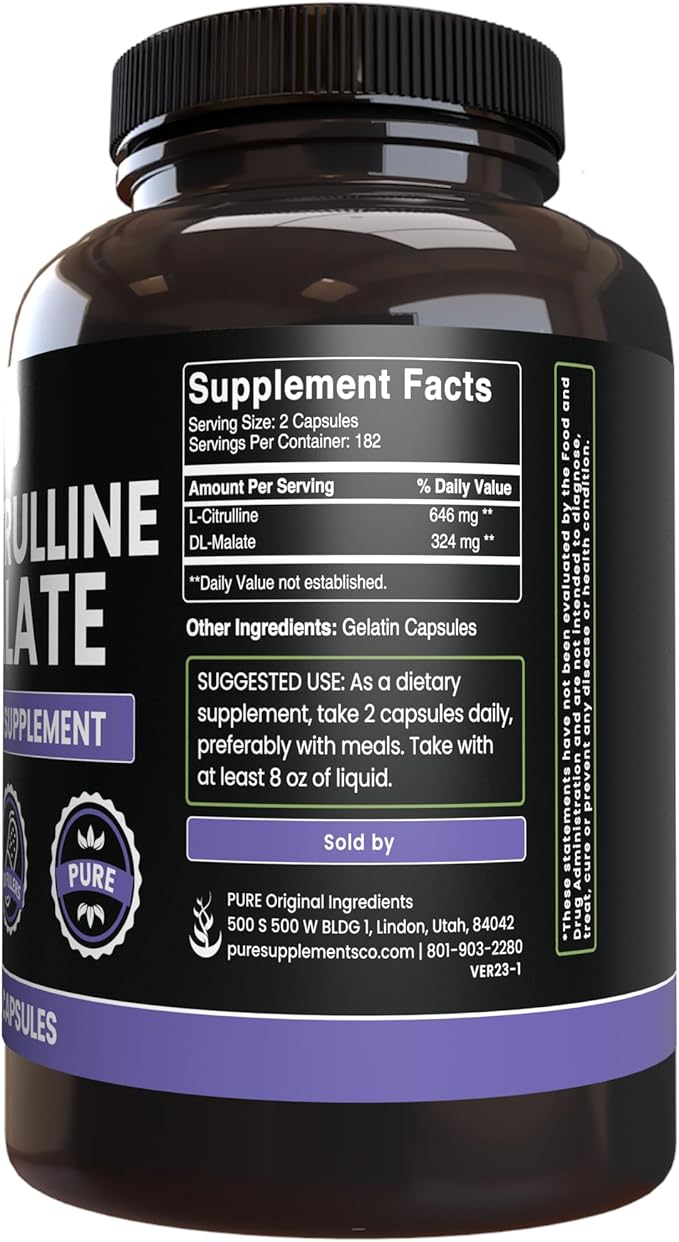 PURE ORIGINAL INGREDIENTS L-Citrulline DL-Malate 2:1 – 365 Capsules, No Magnesium or Rice Fillers, Lab Verified