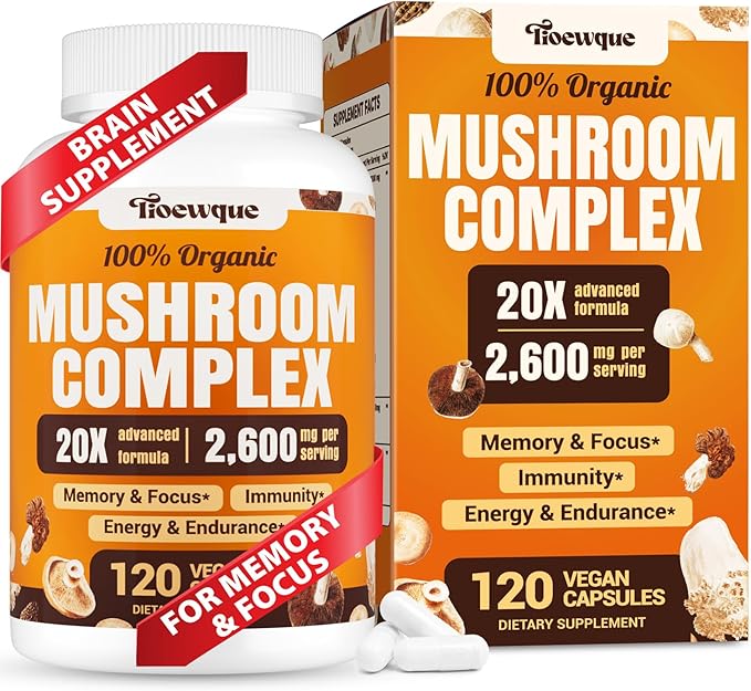 Tioewque 20-in-1 Organic Mushroom Supplement – Lion’s Mane, Reishi, Turkey Tail & More – Brain, Memory, Focus & Immune Support – 120 Vegan Capsules