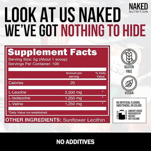 NAKED BCAAs Amino Acids Powder – Pure 2:1:1 Formula, Vegan, Unflavored, 500 Grams, 100 Servings