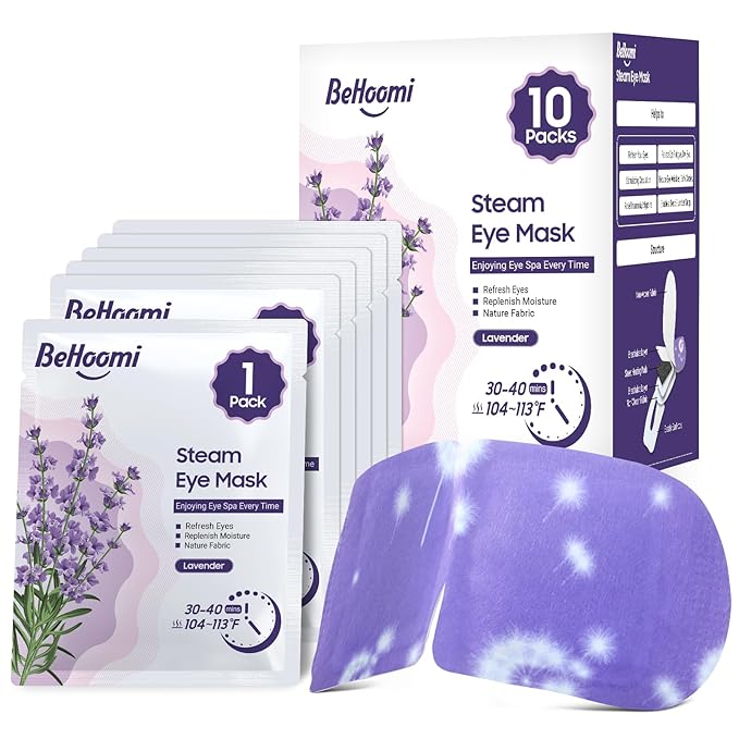 BeHoomi Steam Eye Mask – Self-Heating Lavender Sleep Mask, 10-Pack Disposable