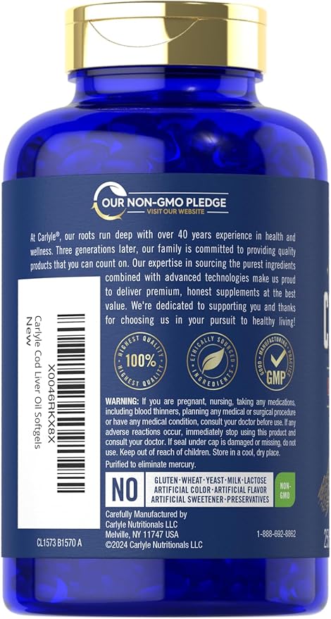 Carlyle Norwegian Cod Liver Oil 1245mg – High Omega-3 with EPA & DHA – Heart, Brain & Immune Support – Non-GMO, Gluten-Free – 250 Softgels (Value Size)