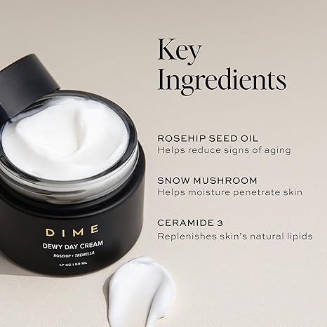 DIME Beauty Dewy Day Cream – Morning Face Moisturizer with Rosehip Oil & Tremella Snow Mushroom, Vegan, Lightweight, 1.7 oz