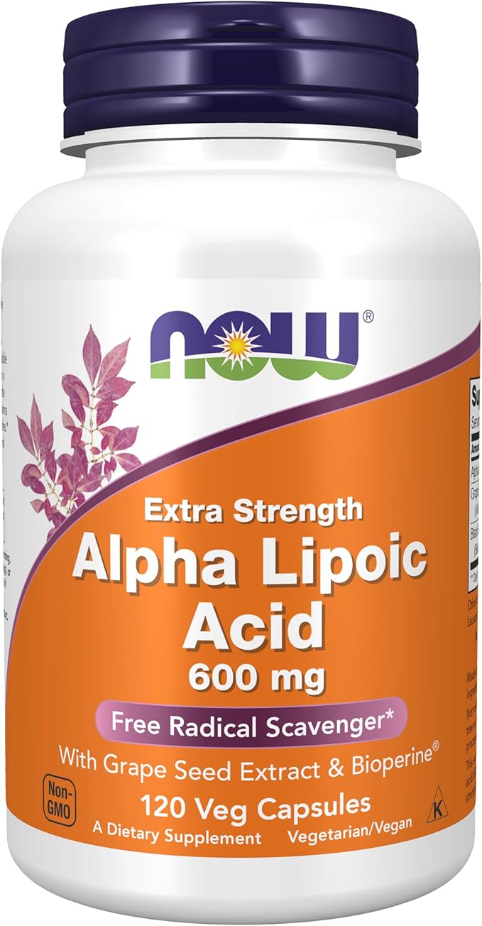 NOW Foods Alpha Lipoic Acid 600mg with Grape Seed Extract & BioPerine – Extra Strength Antioxidant, Nerve & Energy Support – Non-GMO, Gluten-Free – 120 Vegetarian Capsules