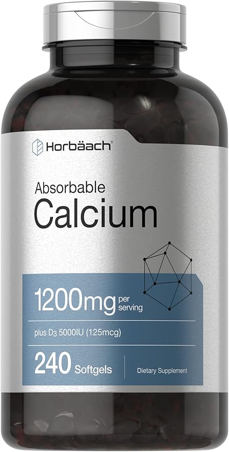 Horbäach Calcium 1200mg with Vitamin D3 5000 IU – Absorbable Bone Health Support – 240 Softgels
