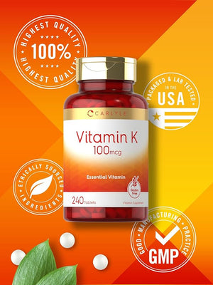 Carlyle Vitamin K 100mcg – Bone, Joint & Blood Clotting Support – 240 Vegetarian Tablets – Non-GMO, Gluten Free