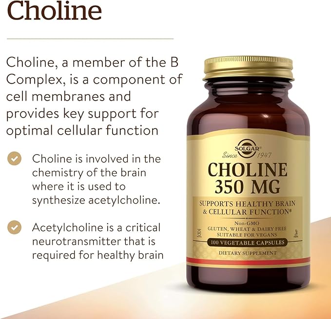 Solgar Choline 350mg – Vegan, Kosher Brain & Cellular Health Support – 100 Capsules