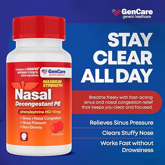 GenCare Nasal Decongestant 10mg – 300 Tablets – Phenylephrine HCl – Non-Drowsy Sinus & Congestion Relief