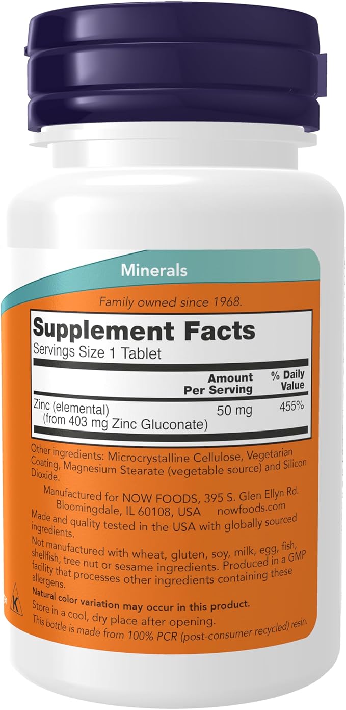 NOW Zinc 50mg (Zinc Gluconate) – Immune, Antioxidant & Enzyme Support – 100 Vegan Tablets