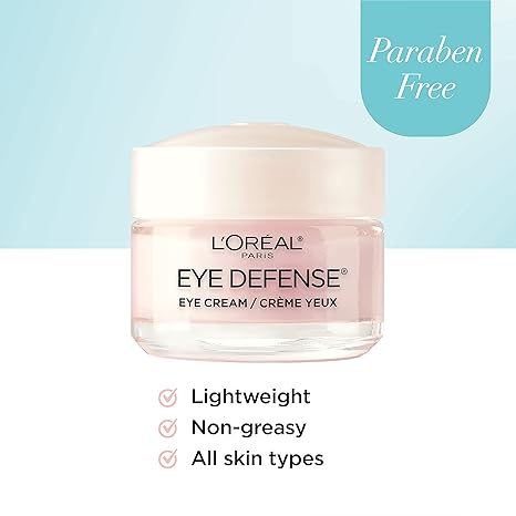 L'Oreal Paris Eye Defense Eye Cream – Caffeine & Hyaluronic Acid, Puffiness, Dark Circles, Lightweight, Dermatologist Tested, 0.5 oz