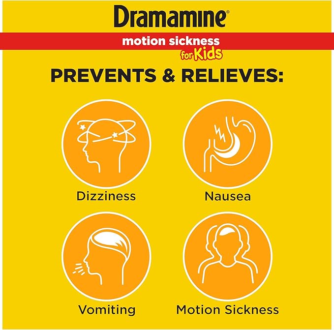 Dramamine Kids Chewable Motion Sickness Relief Tablets Grape Flavor – 8 Count per Pack, 3 Travel Packs – Safe for Ages 2 to 12
