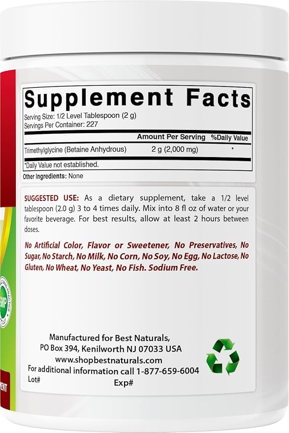 Best Naturals Betaine Anhydrous Trimethylglycine (TMG) Pure Powder – 1 Pound (1 lb), Pack of 1