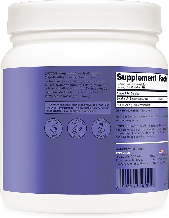 Type Zero Betaine Anhydrous Powder – Unflavored, 1 lb, 1500mg Per Serving, Keto & GMO-Free