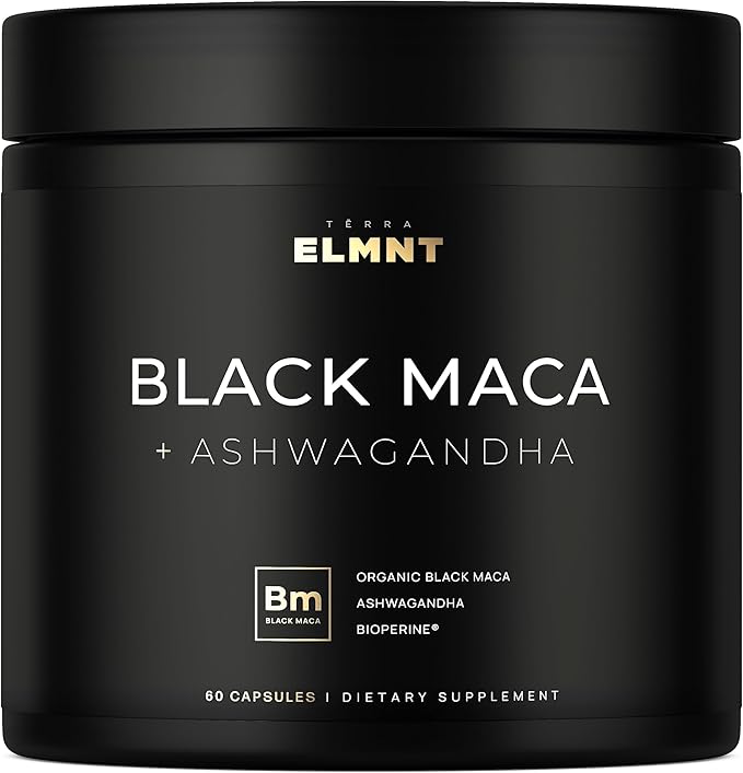 ELMNT Black Maca Root 40,000mg – 40x Strength with Ashwagandha – Organic Peruvian Maca Capsules for Men, Energy & Vitality – Non-GMO, Gluten-Free – 60 Capsules