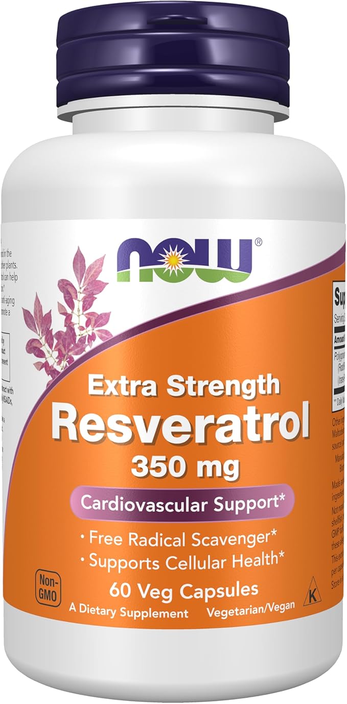 NOW Foods Extra Strength Resveratrol 350mg – Natural Trans-Resveratrol from Japanese Knotweed – Antioxidant & Cardiovascular Support – Vegan, Non-GMO, Gluten-Free – 60 Capsules