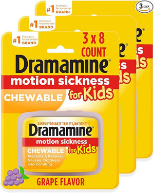 Dramamine Kids Chewable Motion Sickness Relief Tablets Grape Flavor – 8 Count per Pack, 3 Travel Packs – Safe for Ages 2 to 12