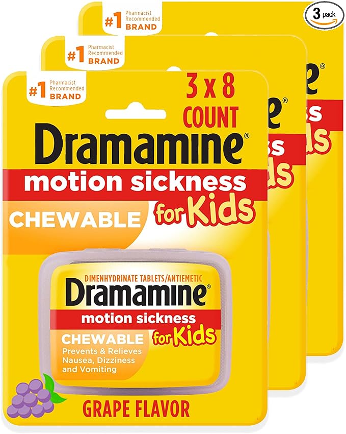 Dramamine Kids Chewable Motion Sickness Relief Tablets Grape Flavor – 8 Count per Pack, 3 Travel Packs – Safe for Ages 2 to 12
