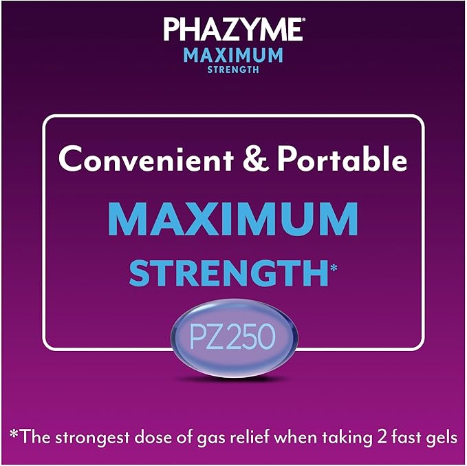 Phazyme Maximum Strength Gas and Bloating Relief Softgels – 250mg Simethicone – Fast-Acting Anti-Gas Medicine for Adults – 36 Count