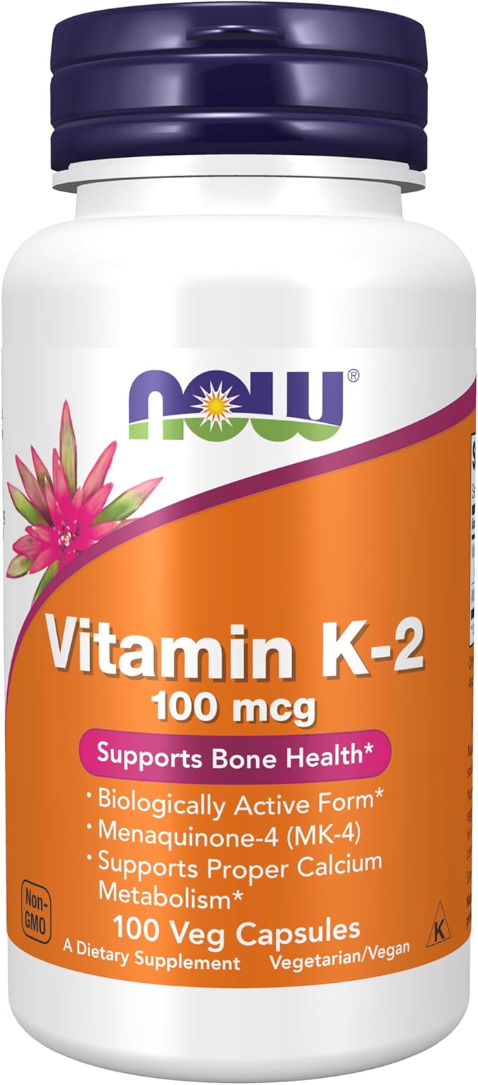 NOW Vitamin K2 100mcg (MK-4) – Bone & Calcium Support – Menaquinone-4 – 100 Veg Capsules – Non-GMO, Gluten Free