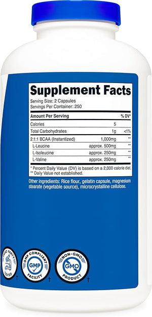Nutricost BCAA 1000mg Capsules – 2:1:1 Ratio, 500 Capsules (250 Servings), Branched-Chain Amino Acids
