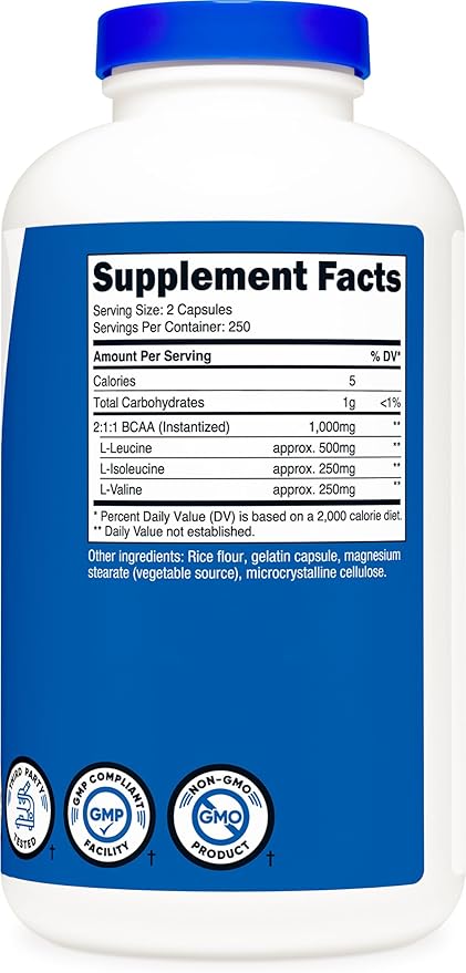 Nutricost BCAA 1000mg Capsules – 2:1:1 Ratio, 500 Capsules (250 Servings), Branched-Chain Amino Acids