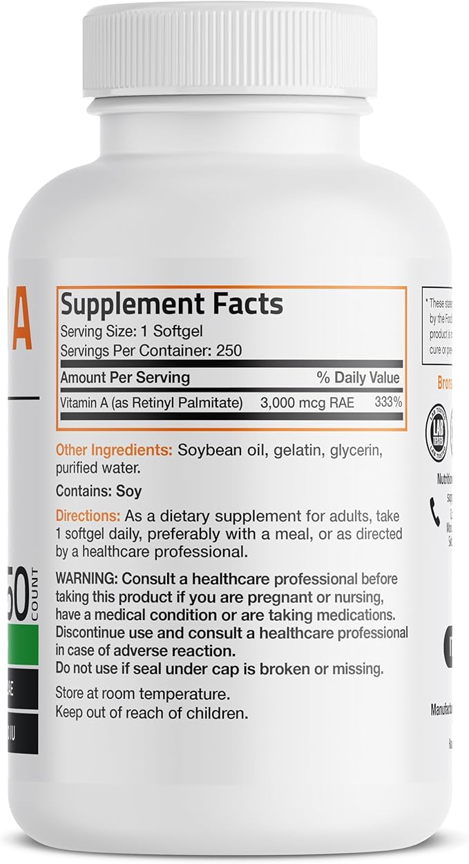 Bronson Vitamin A 10,000 IU – Vision, Immune, Growth & Reproductive Support – 250 Non-GMO Softgels