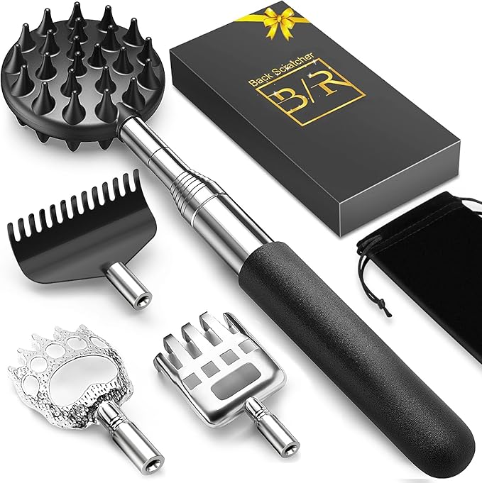 TUKUOS Telescoping Back Scratcher, 4 Detachable Heads, Fathers Day Gift for Dad Men, Portable Stainless Steel