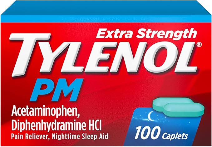 Tylenol PM Extra Strength Nighttime Pain Reliever & Sleep Aid – 500mg Acetaminophen + 25mg Diphenhydramine HCl – Non-Habit Forming – 100 Caplets