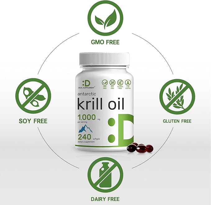 DEAL SUPPLEMENT Antarctic Krill Oil 1000mg – Extra Strength Omega-3 EPA, DHA & Astaxanthin – Heart & Joint Support – Non-GMO, Gluten-Free, Mercury Free – 240 Softgels
