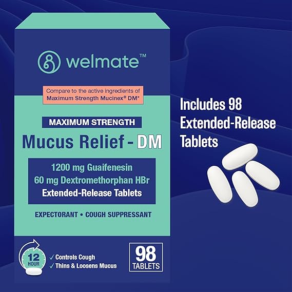 WELMATE Mucus Relief DM, 98 Tablets – 12-Hour Cough Suppressant & Expectorant with Guaifenesin & Dextromethorphan