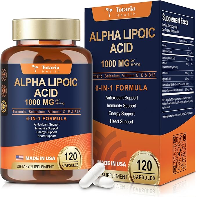 Totaria Alpha Lipoic Acid 1000mg – Extra Strength Antioxidant for Nerve Health, Liver Detox, Metabolism & Anti-Aging – Non-GMO, Gluten-Free, Vegan – 120 Capsules